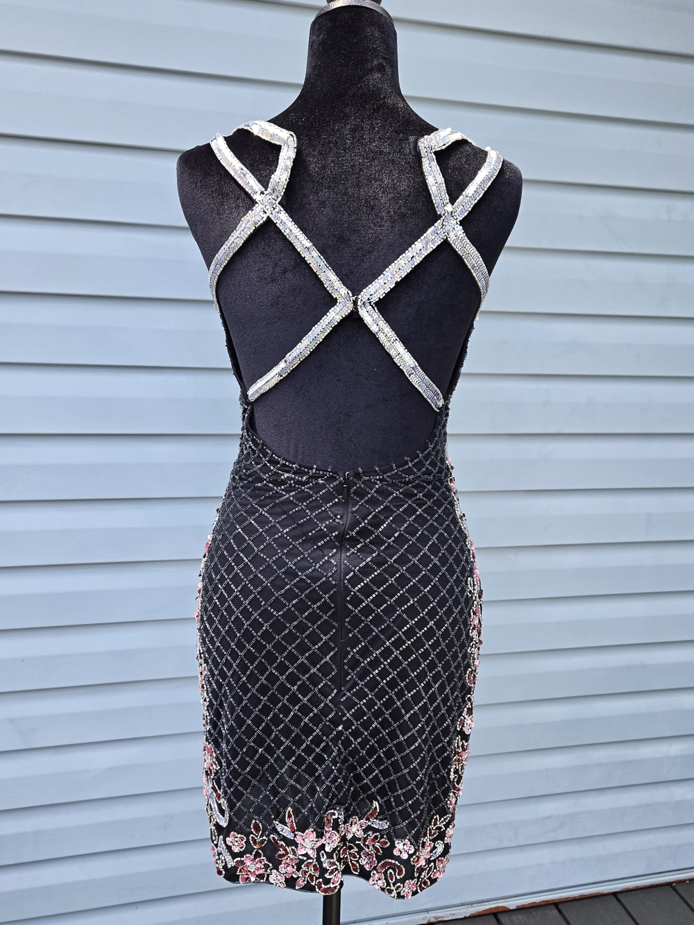 Primavera Couture Women's Size 2 Black Sequined Beaded Floral Lattice Mini Dress - Picture 8 of 10
